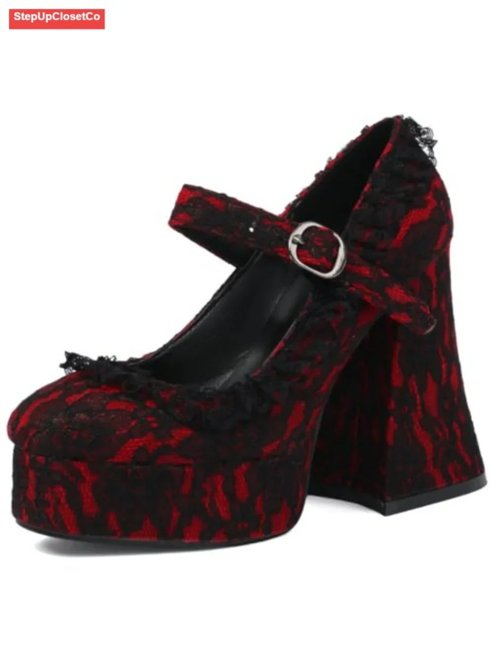 Goth Platform Mary Jane Heels Chunky High Heel Lace Flower Shoes Round Toe